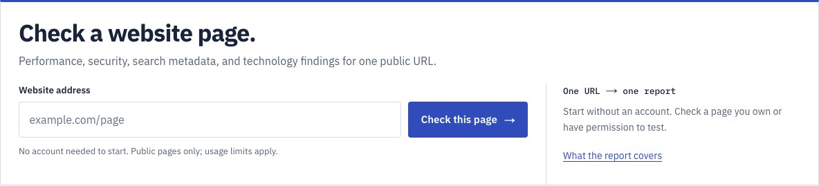 PageVital’s public page checker, with a website address field and a Check this page button.